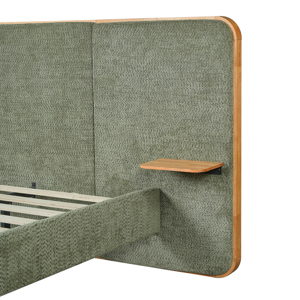 Christopher Knight Home Lana Boucle Upholstered King Bed Frame and Headboard, King Size Bed Frame with Built-in Floating Shelves, Metal + Wooden Slats Support, No Box Spring Needed, Green + Natural