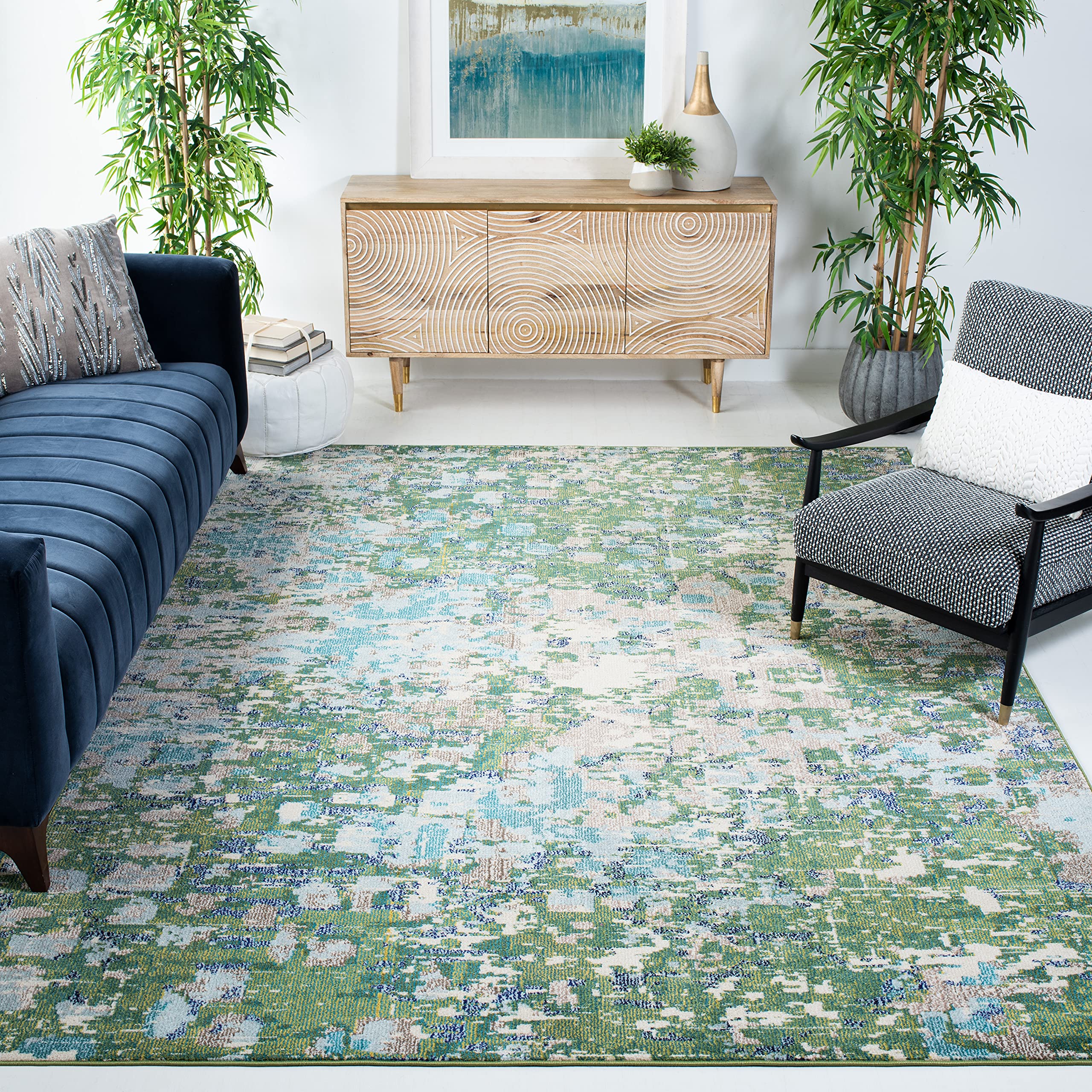 SAFAVIEH Madison Collection Area Rug - 10' x 14', Green & Turquoise, Boho Abstract Distressed Design, Non-Shedding & Easy Care, Ideal for High Traffic Areas in Living Room, Bedroom (MAD425Y)