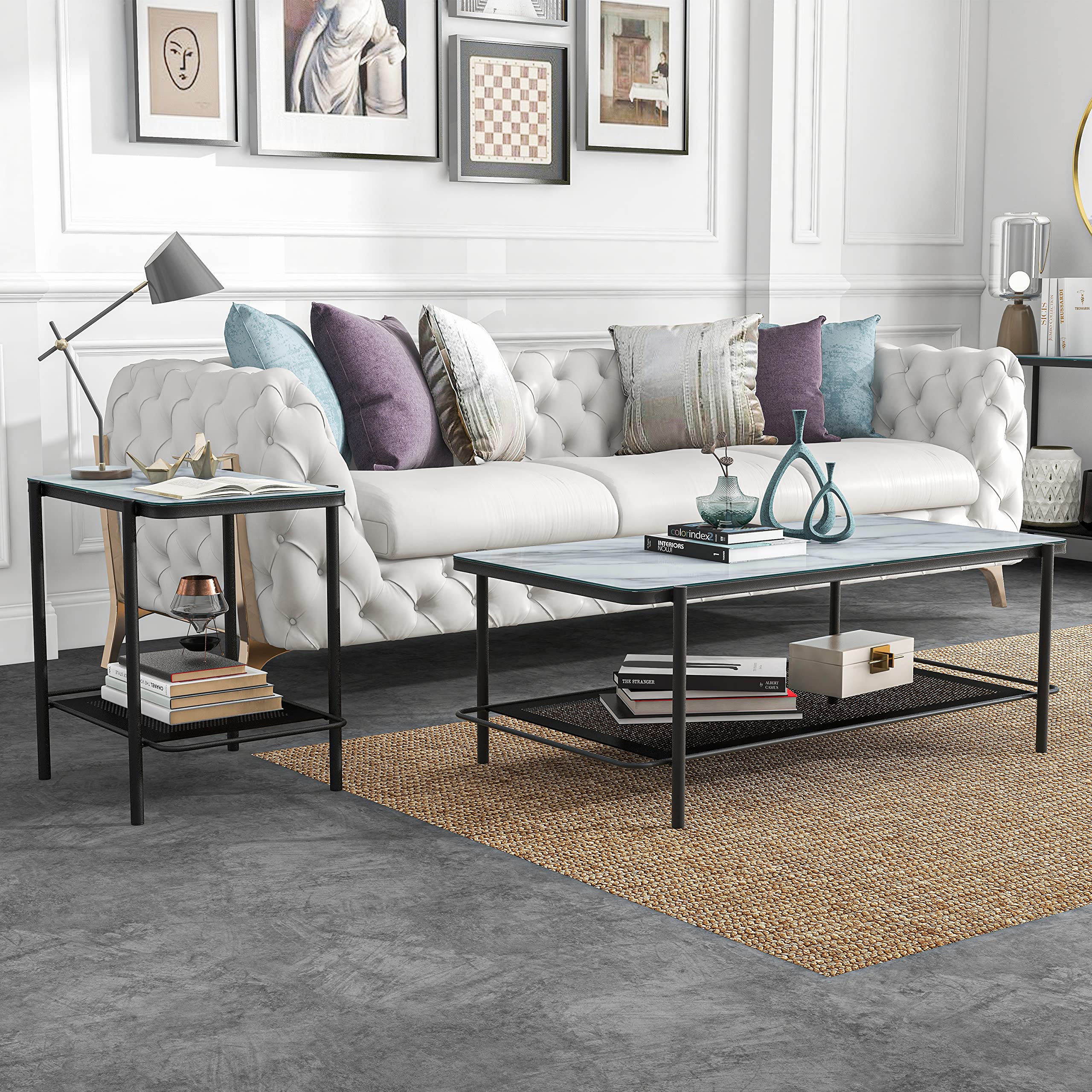 Furniture of America Basil Industrial Faux Marble Top Steel 2-Piece Coffee and End Tables Set with Open Shelves, Black and White