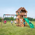 Backyard Discovery Highlander Cedar Wood Swing Set with Wave Slide, Three-Story Clubhouse, Rock Wall, Picnic Table, Belt Swings, Web Swing, Sandbox, Three Ladders, Toy Accessories, Outdoor Playset