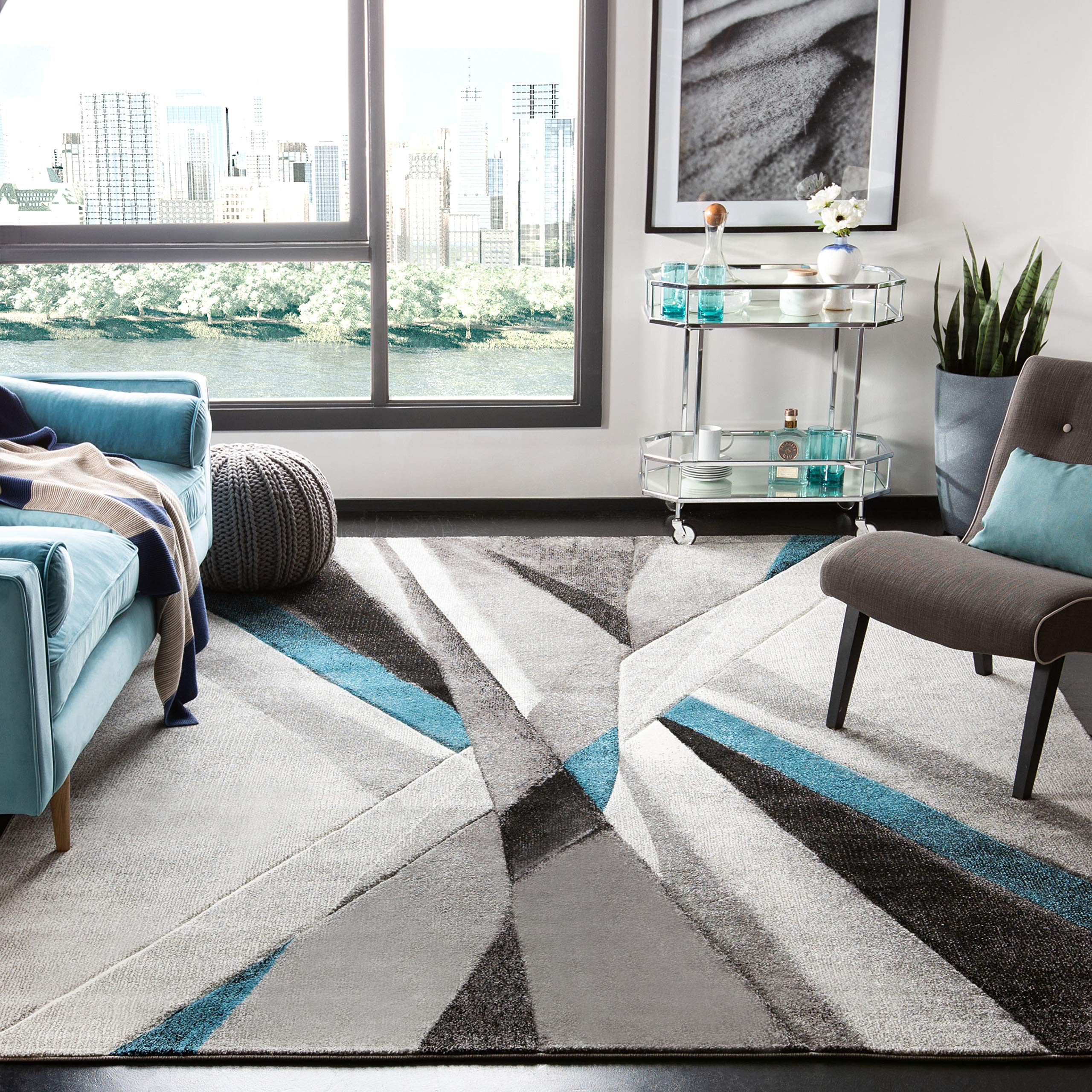 SAFAVIEH Hollywood Collection Area Rug - 9' x 12', Grey & Teal, Mid-Century Modern Design, Non-Shedding & Easy Care, Ideal for High Traffic Areas in Living Room, Bedroom (HLW710D)