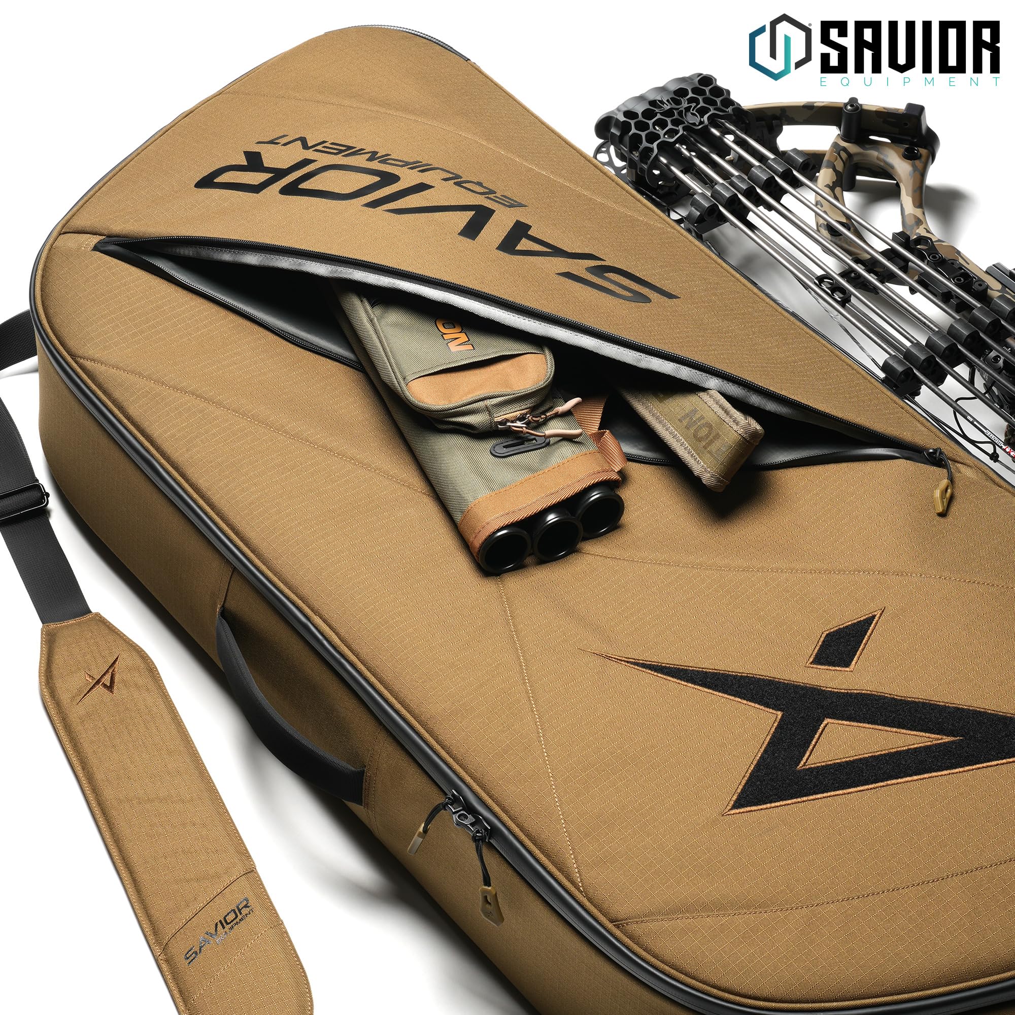Savior Equipment Hyperion Deluxe Compound Bow Case Soft Shell Bag Fits 32" 36" 40" ATA, w/CamShield Cover & Quick-Release Grip Wrap, w/Backpack Shoulder Straps (Coyote Brown, 32" ATA)