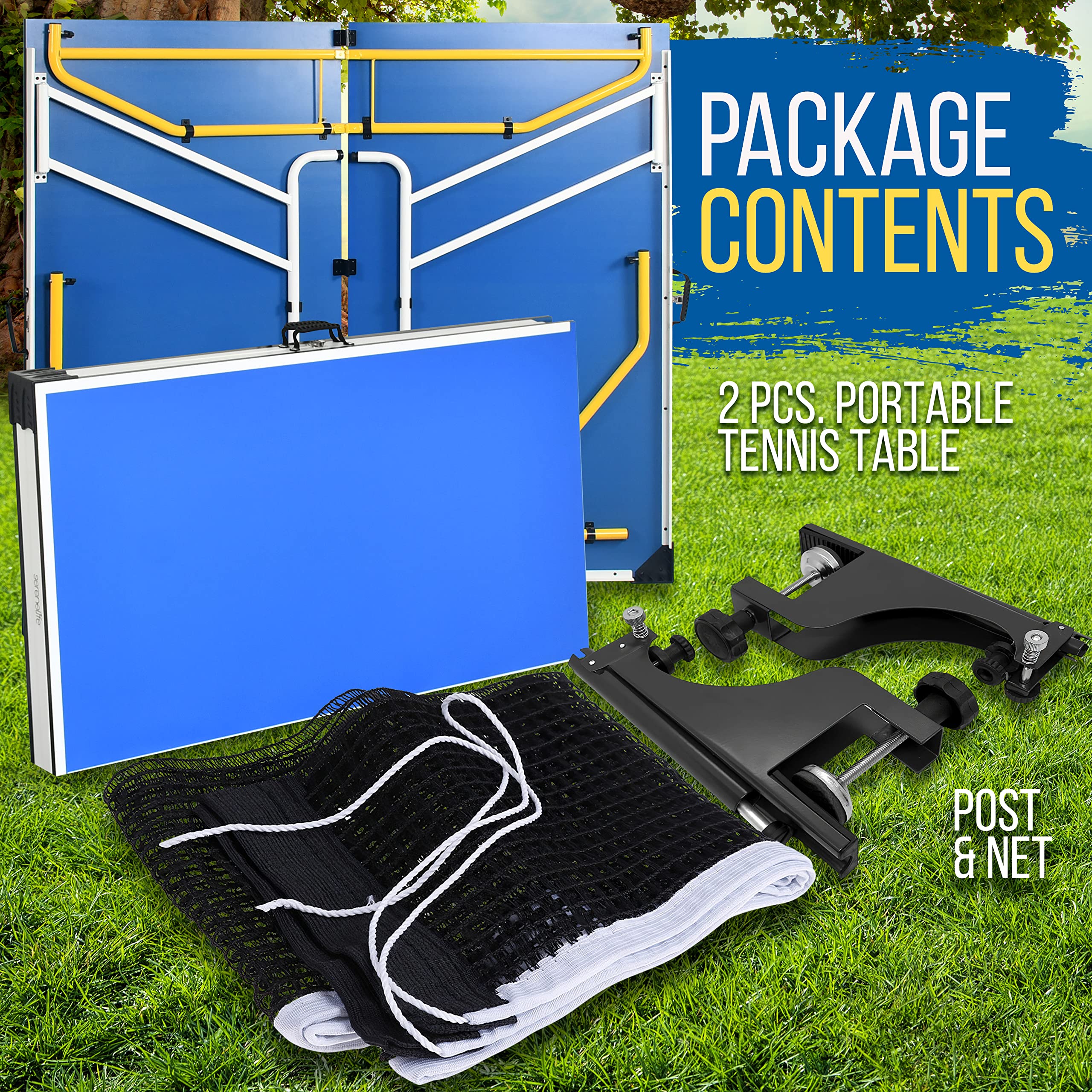 SereneLife Full Size Ping Pong Table, 9’ x 5’ Regulation Fold-Flat Table Tennis Table, Hinged Panels for SUV Transport and Easy Storage, Portable Space-Saving Design, Net & Post Set Included