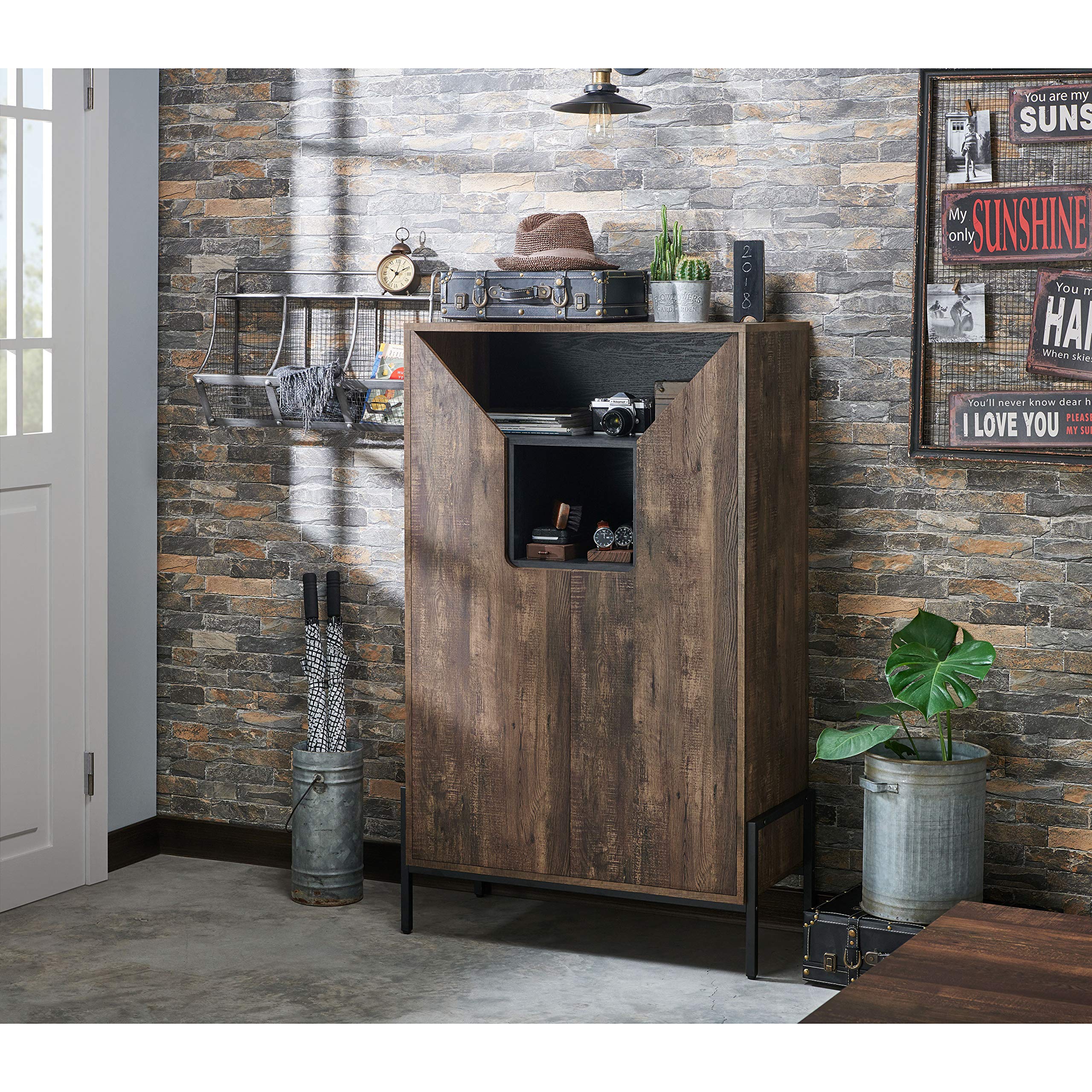 HOMES: Inside + Out Charles Rustic Entryway Shoes Cabinet with 4 Enclosed Shelves, 3 Storage Cubbies and 3 Adjustable Panels, Reclaimed Oak