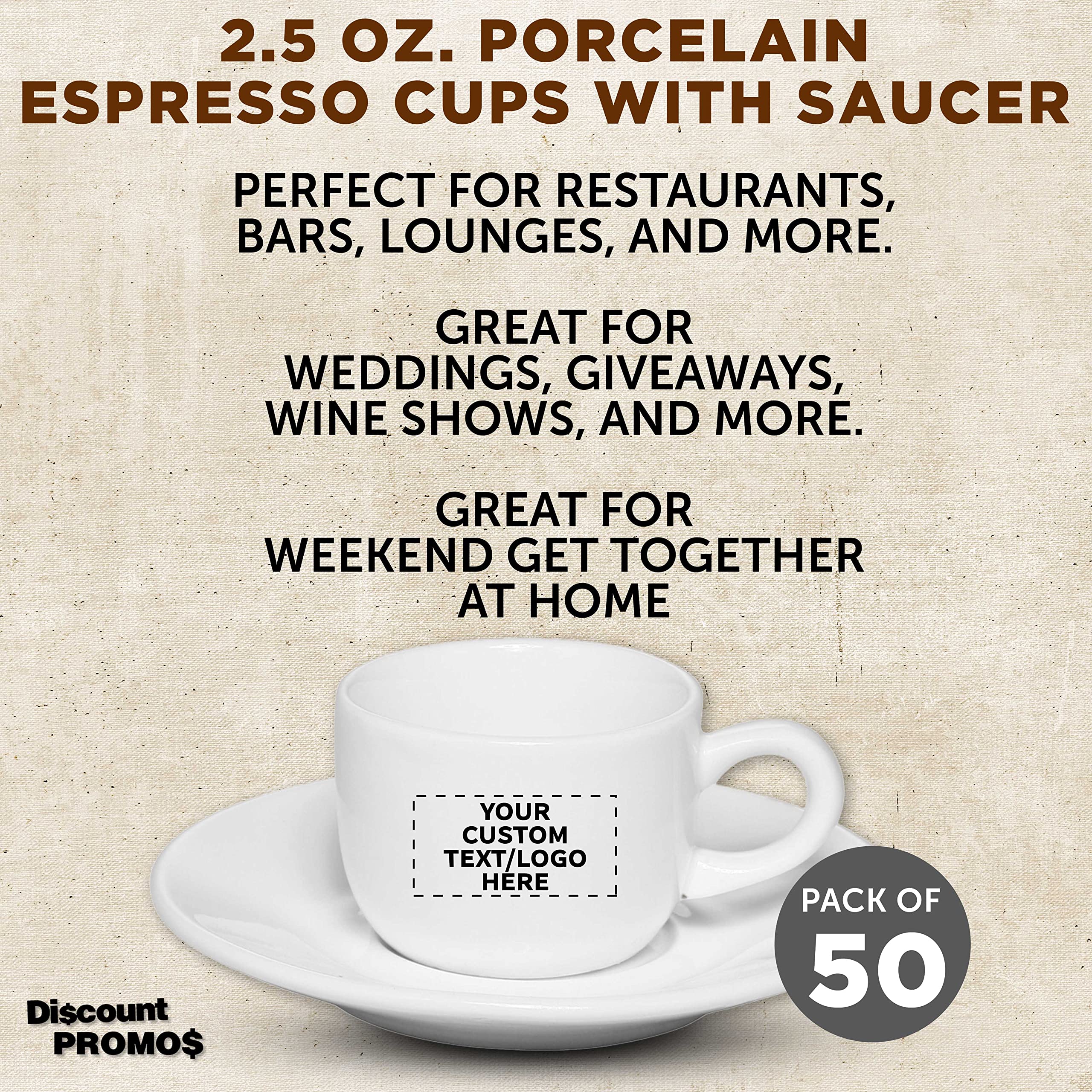 Custom Porcelain Espresso Cups with Saucer 2.5 oz. Set of 50, Personalized Bulk Pack - Perfect for Coffee, Tea, Espresso, Hot Cocoa, Other Beverages - White