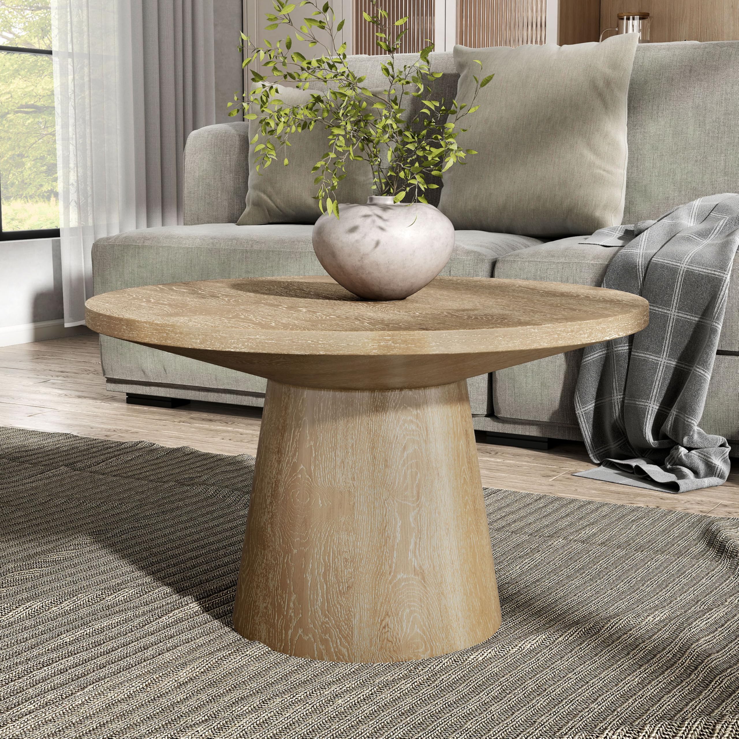 Furniture of America Lestara Modern Solid Wood 29-inch Round Coffee Table with Cone-Shaped Pedestal Base, Living Room Furniture for Small Space, Home Office, Oak