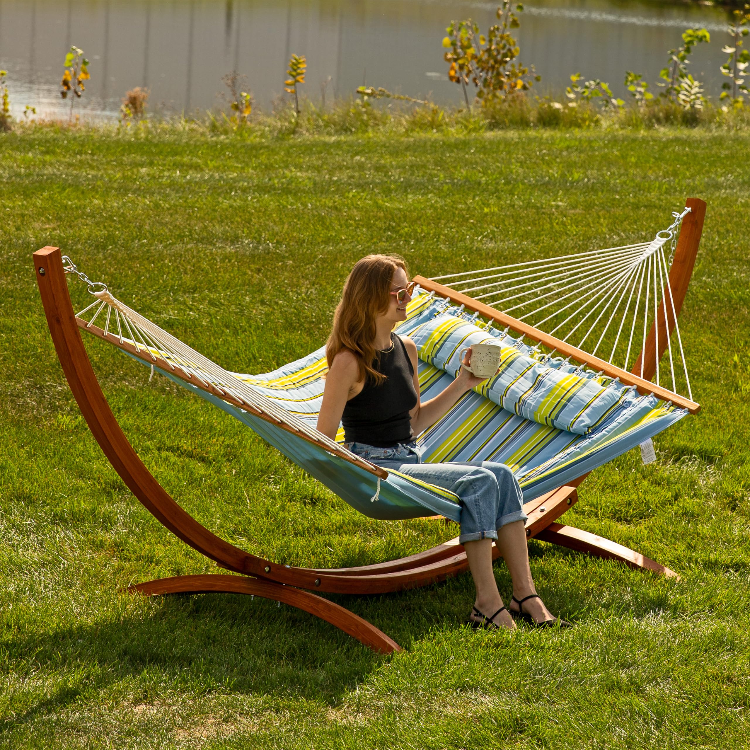 Sunnydaze Curved Wood Hammock Stand Only - 2-Person Wooden Hammock Stand for Outside with 400-Pound Capacity- 13-Foot