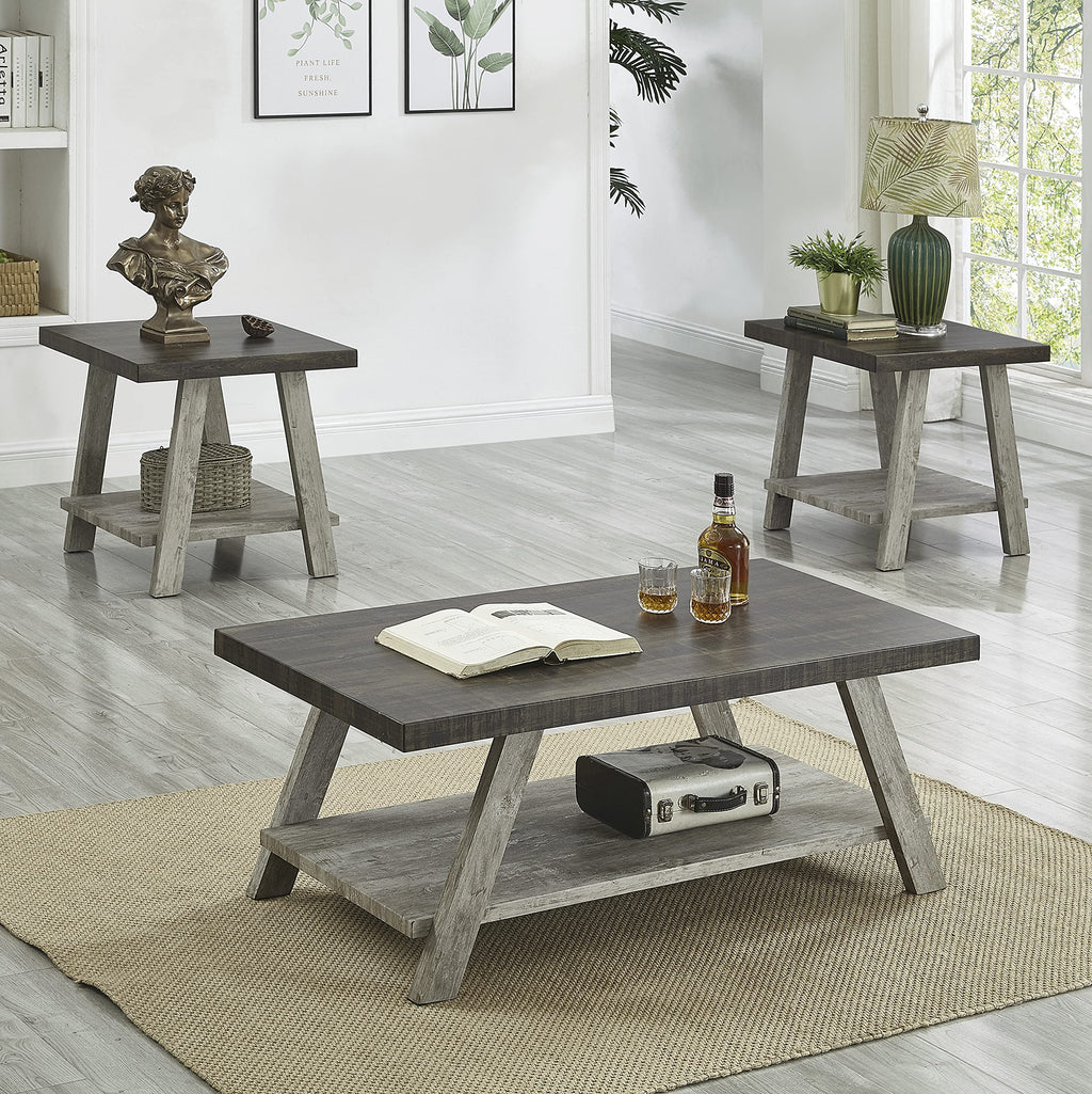 Roundhill Furniture Athens Contemporary 3-Piece Wood Shelf Coffee Table Set, Weathered Walnut and Gray