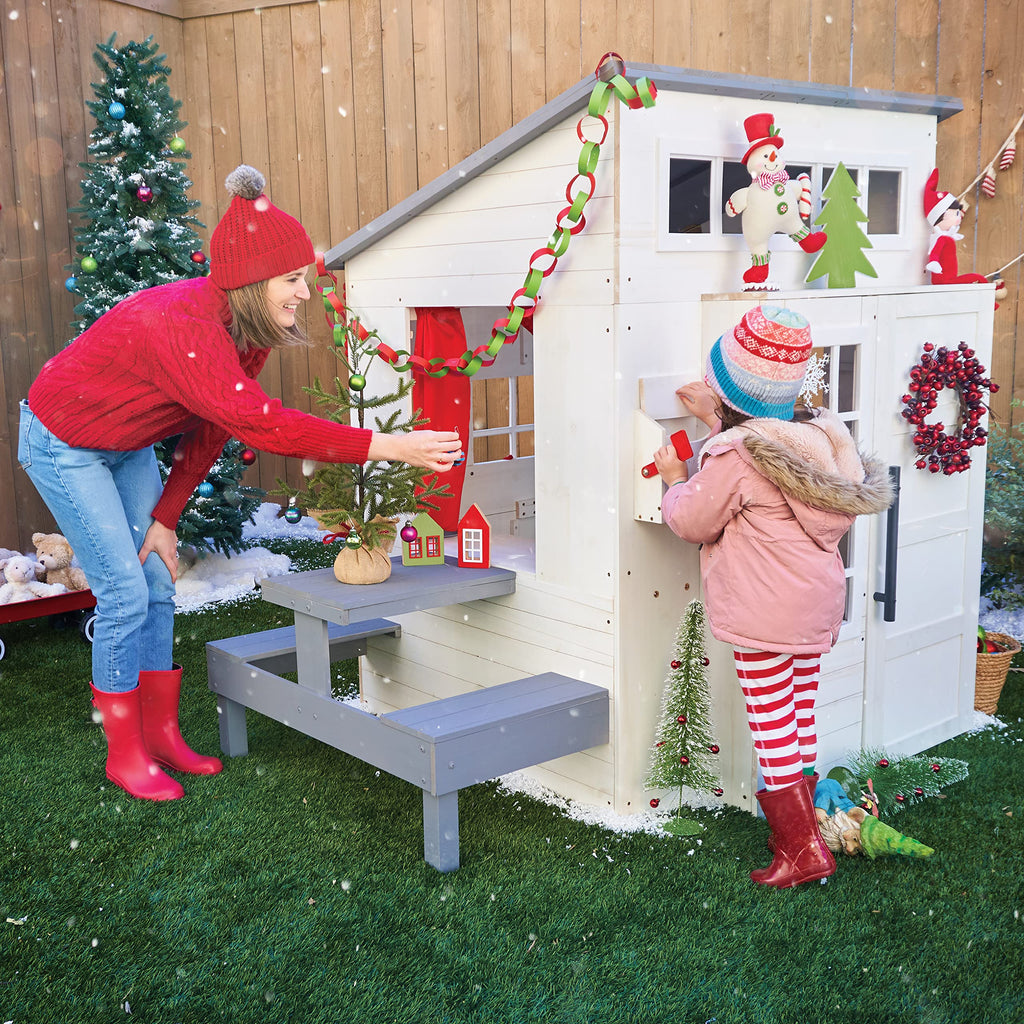 KidKraft Modern Outdoor Wooden Playhouse with Picnic Table, Mailbox and Outdoor Grill, White