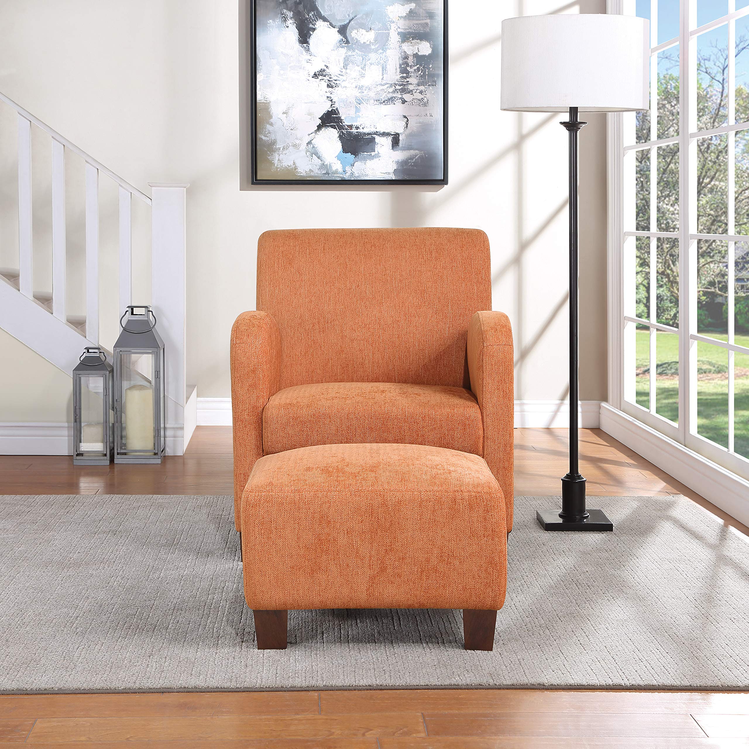 OSP Home Furnishings Aiden Club Accent Chair and Matching Ottoman with Medium Espresso Legs, Herringbone Orange Fabric