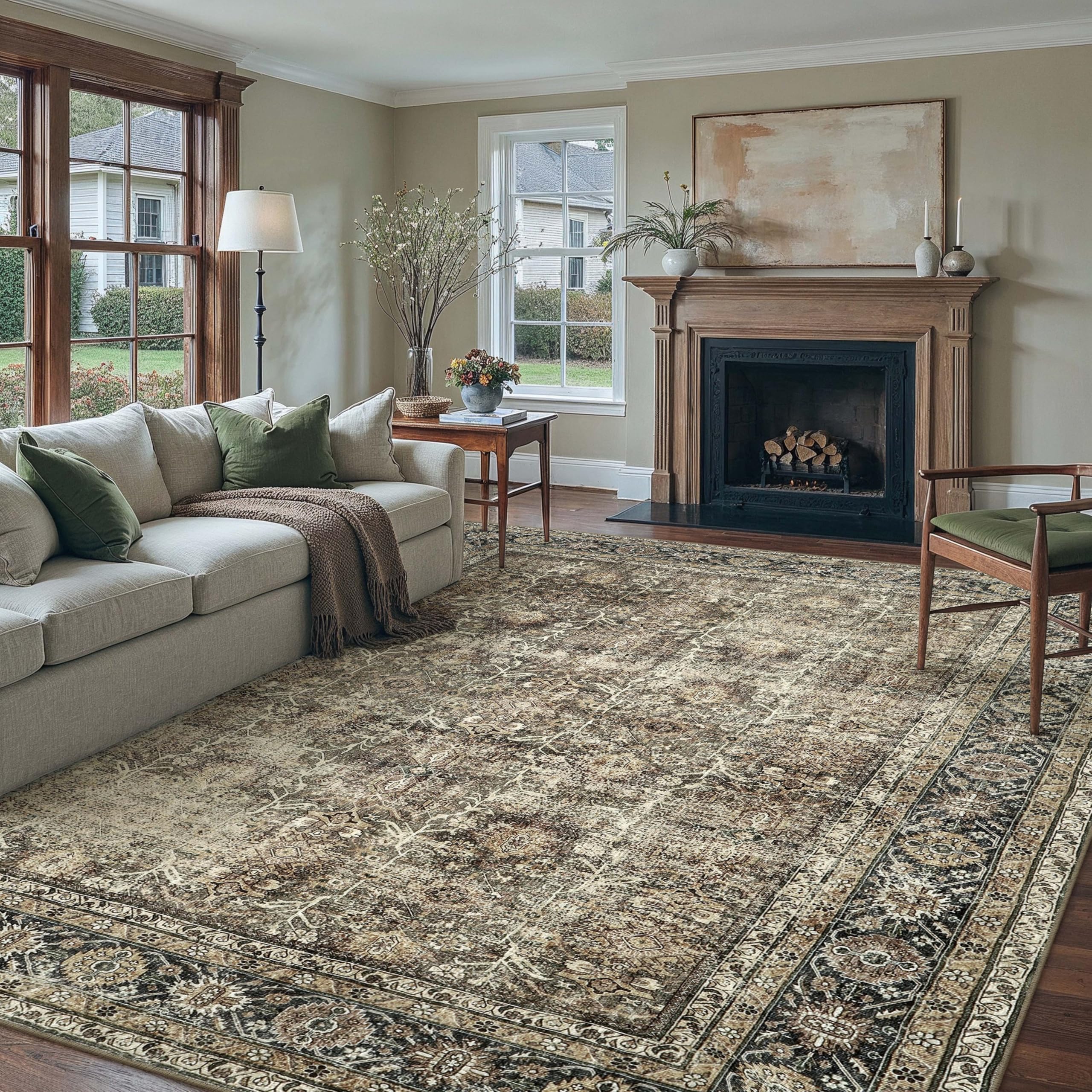 PureCozy Vintage Area Rug 12x15 Brown Washable Living Room Large Carpet Non Slip Bedroom Indoor Office Low Pile Traditional Distressed Retro Accent Rug for Dining Room