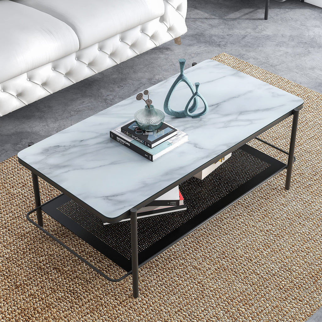 Furniture of America Basil Industrial 1-Shelf, Faux Marble Top Steel 48 in. Rectangle Coffee Table for Living, Bedroom, Reception Room, Black and White