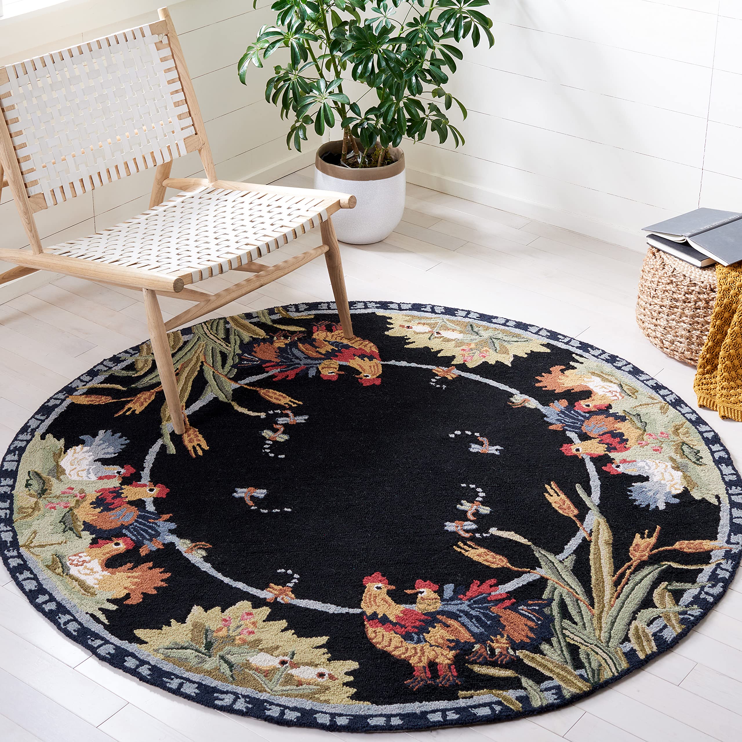 SAFAVIEH Chelsea Collection 8' Round Black HK56B Hand-Hooked French Country Wool Area Rug