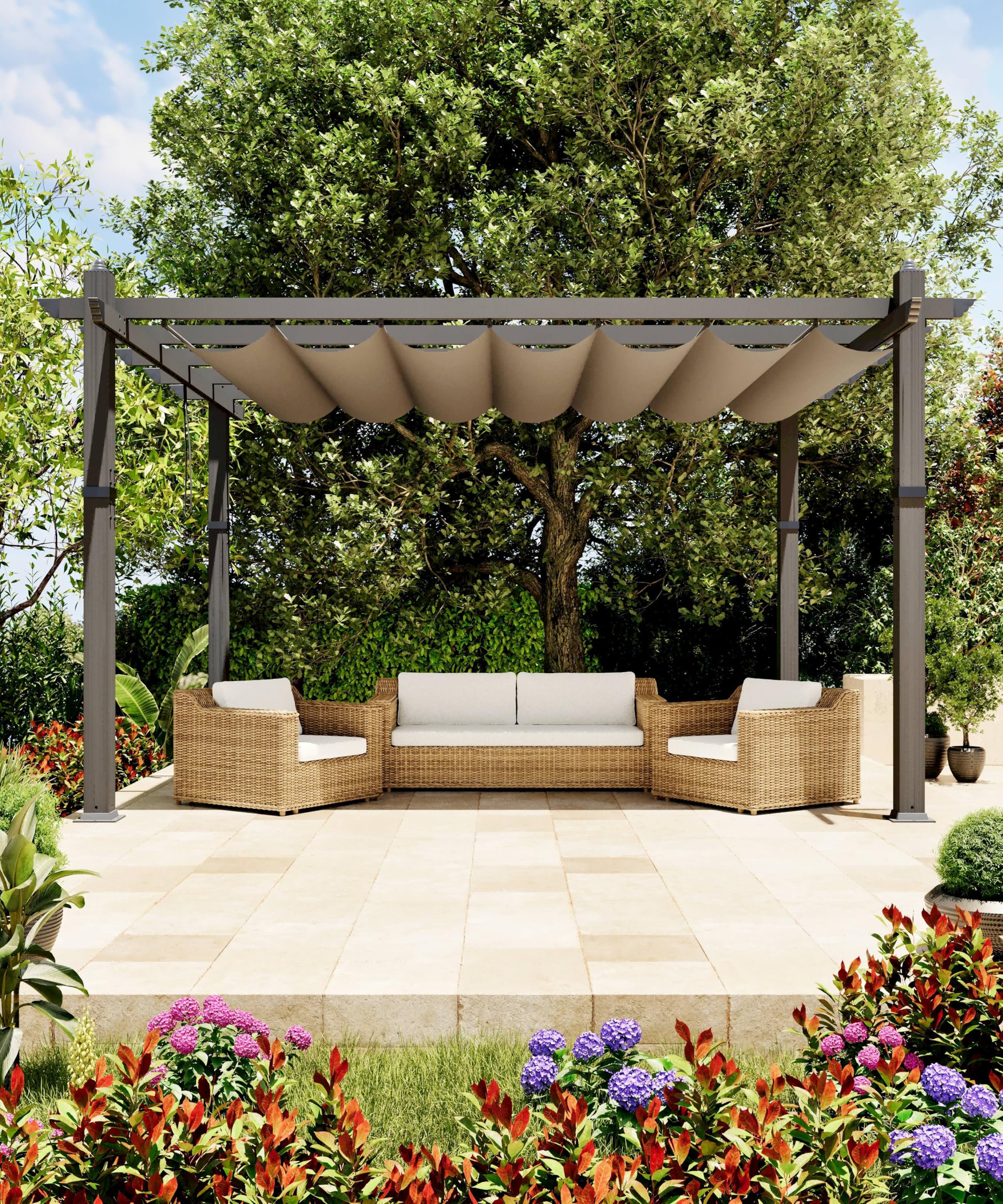 GarveeLife 10x13 ft Aluminum Pergola, Outdoor Metal Pergola with Adjustable Canopy, Reinforced Frame Outdoor Shelter for Backyard, Garden and Deck - Khaki