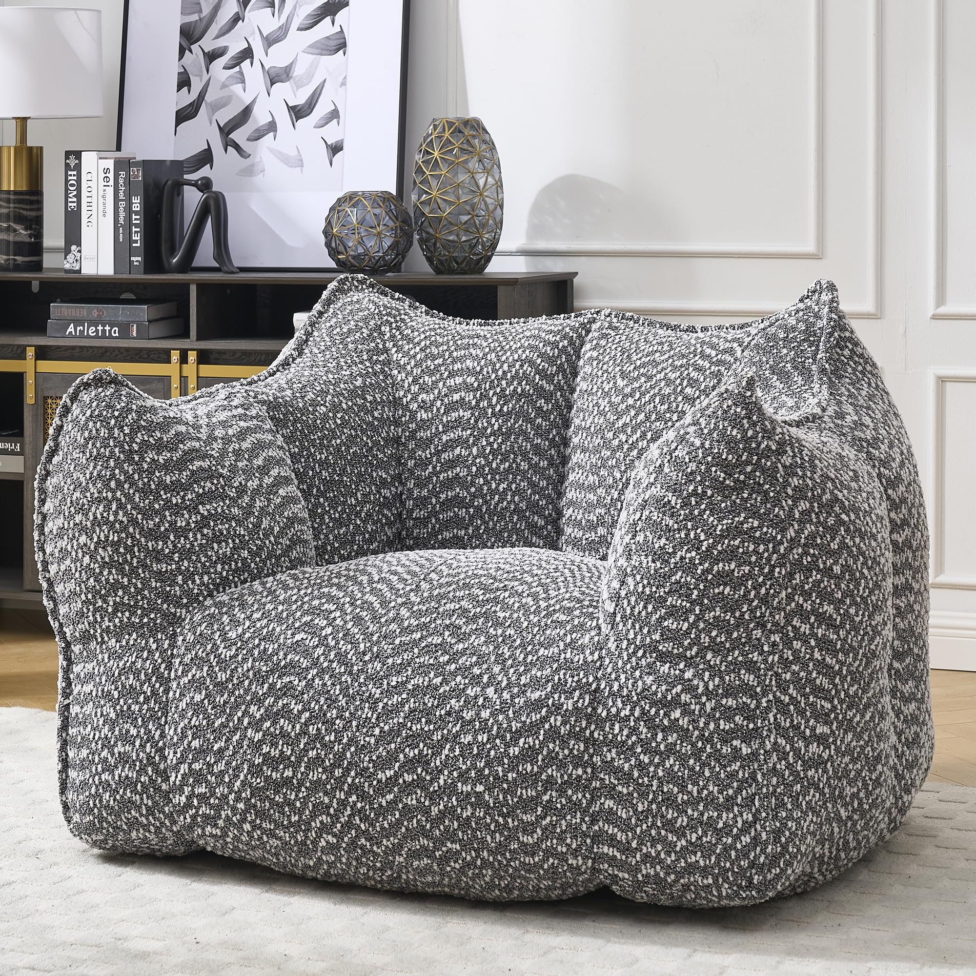 Large Grey Chenille Bean Bag Chair for Adults, Oversized Comfy Lounger for Living Room, Bedroom, Gaming, Reading, Watching TV, 47.2" x 36.2" x 30.7"
