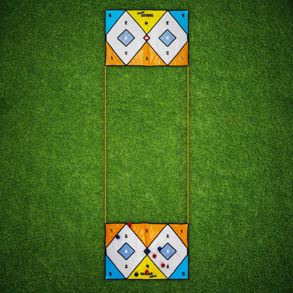 Skatta Games Skatta Ball Premium Yard Game Set - Outdoor Bocce and Shuffleboard Hybrid Lawn Play for Adults & Family - Weatherproof Backyard Beach Activity Kit with 2 Target Boards, 8 Rolling Balls