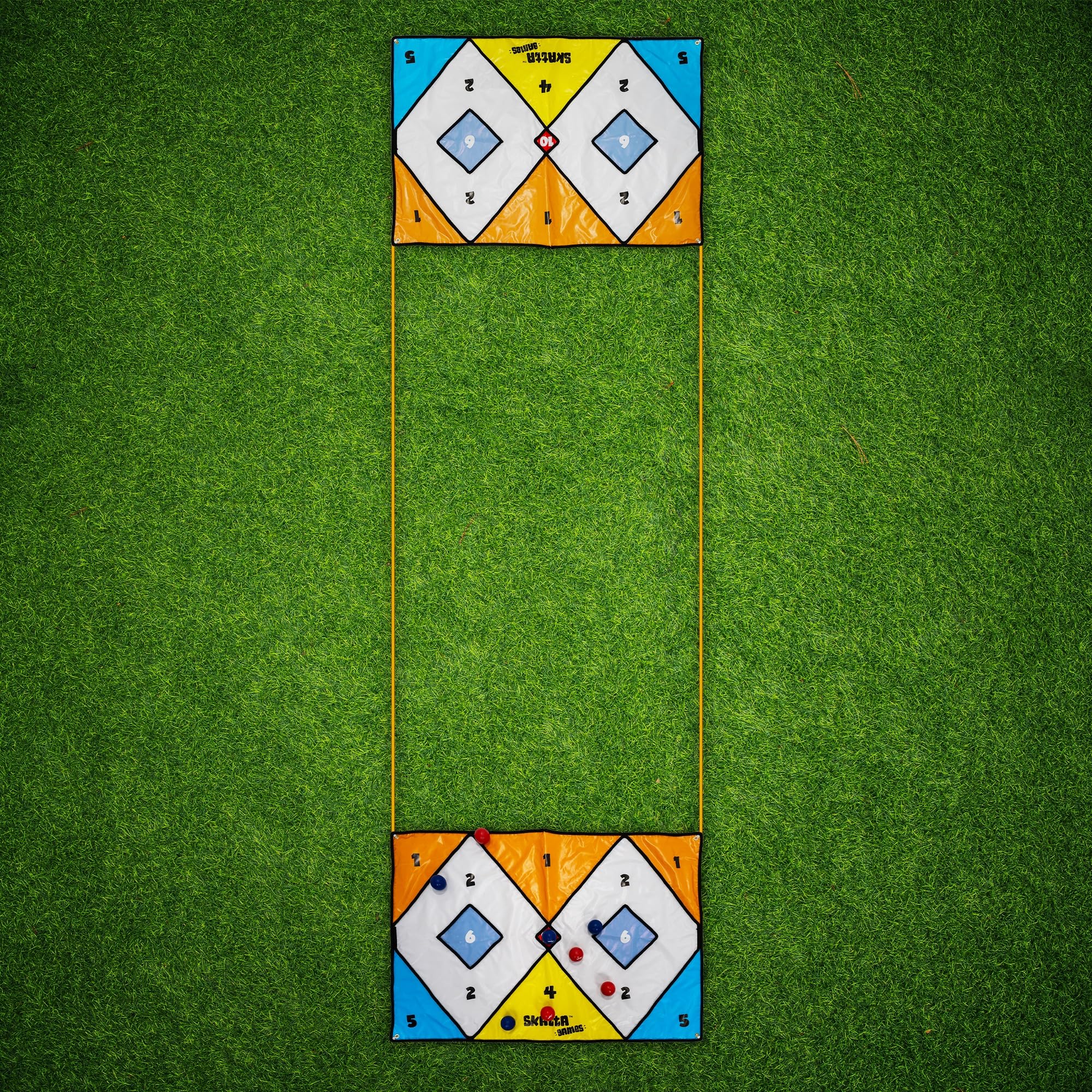 Skatta Games Skatta Ball Premium Yard Game Set - Outdoor Bocce and Shuffleboard Hybrid Lawn Play for Adults & Family - Weatherproof Backyard Beach Activity Kit with 2 Target Boards, 8 Rolling Balls