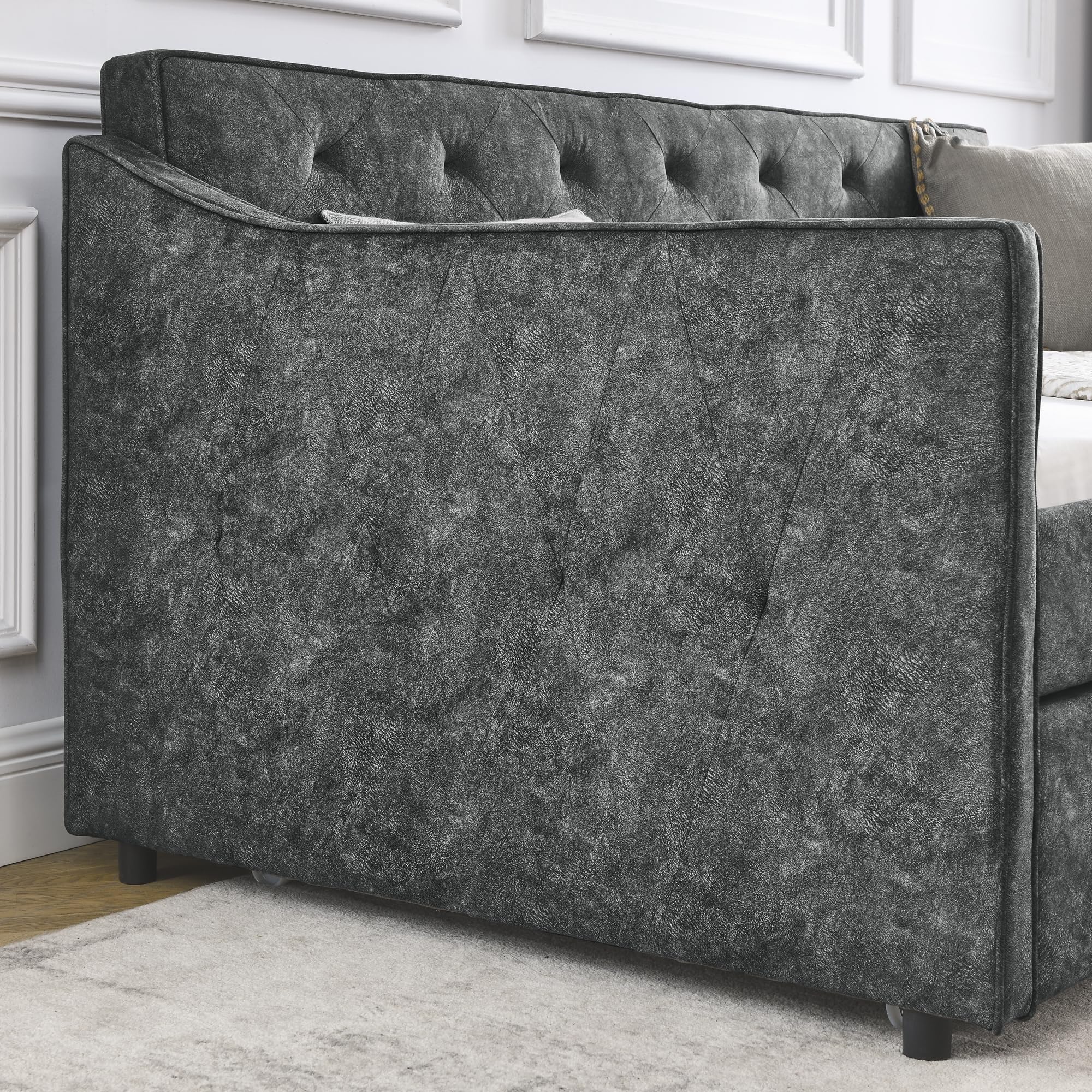 KEIKI Twin Size Upholstery Daybed with Twin Size Trundle and Headboard, Mid-Century Style Tufted Sofa Bed with Waved Arms, Easy Assembly, No Box Spring Required, for Living Room, Grey