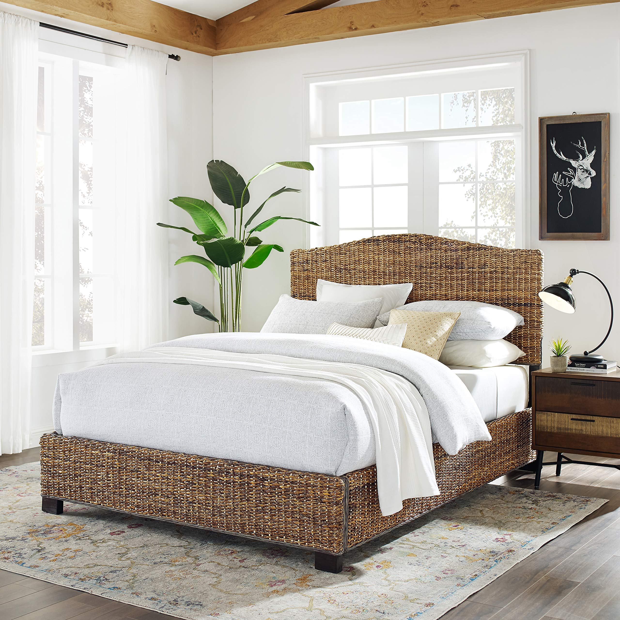 Crosley Furniture Serena Bed, Handwoven Natural Fiber Rattan Headboard and Footboard Set, Banana Leaf, Queen