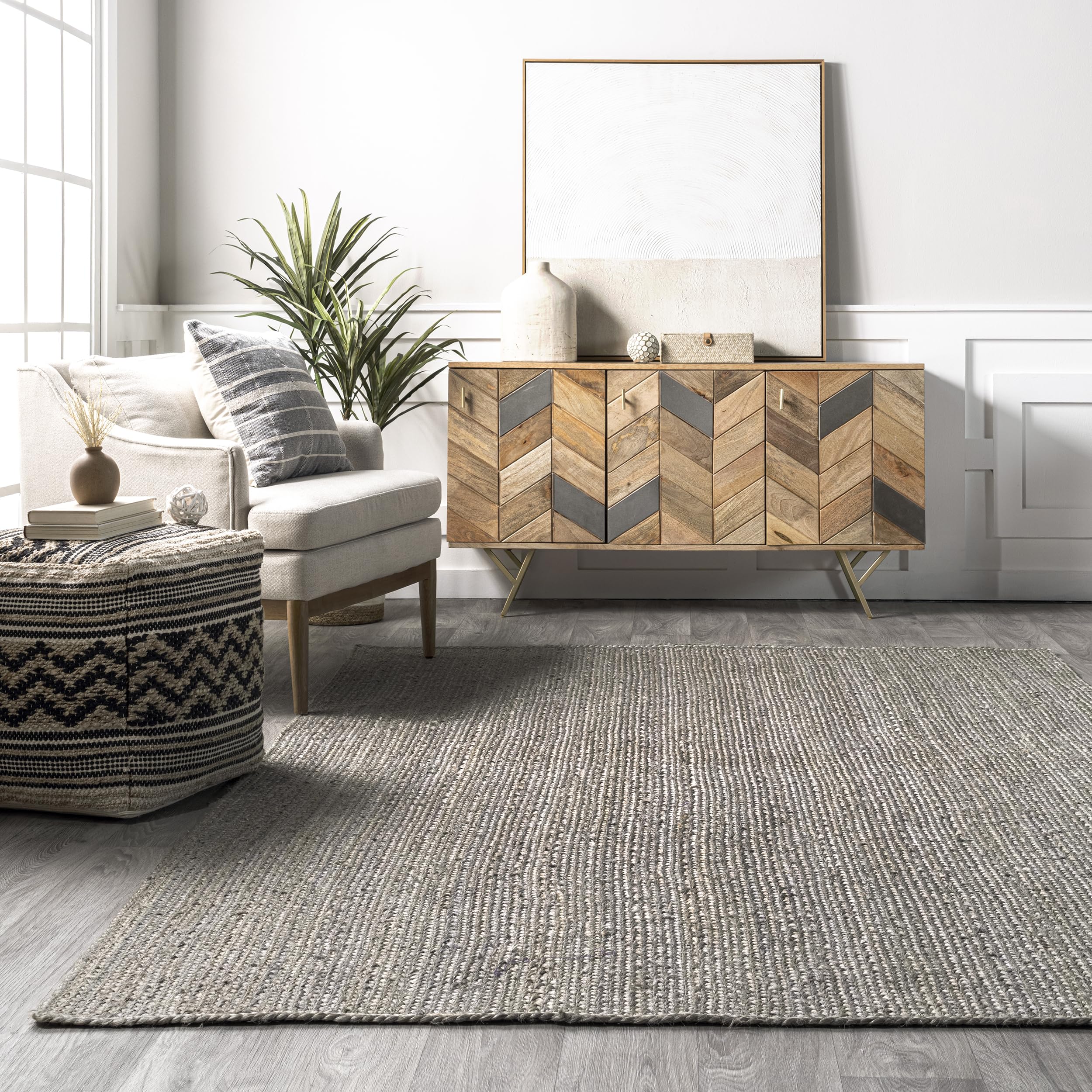 nuLOOM 9x12 Rigo Jute Hand Woven Area Rug, Grey, Solid Farmhouse Design, Natural Fiber, For Bedroom, Living Room, Dining Room, Hallway, Office, Kitchen, Entryway