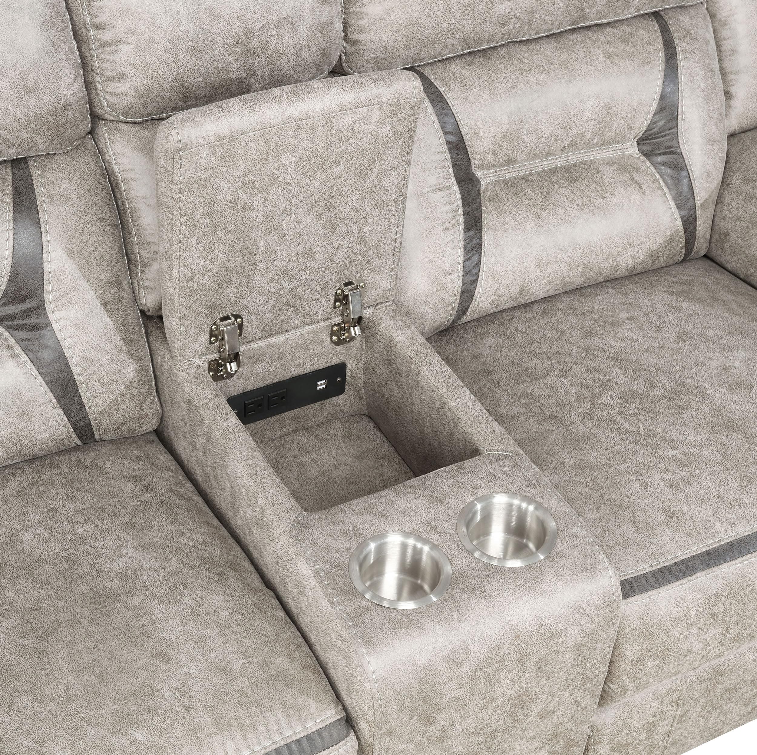 Coaster Home Furnishings - Greer - Faux Leather Upholstered Glider Reclining Loveseat with Console, Built-in Cupholders, Storage and USB Port - Home Theater & Living Room - Taupe - 651352