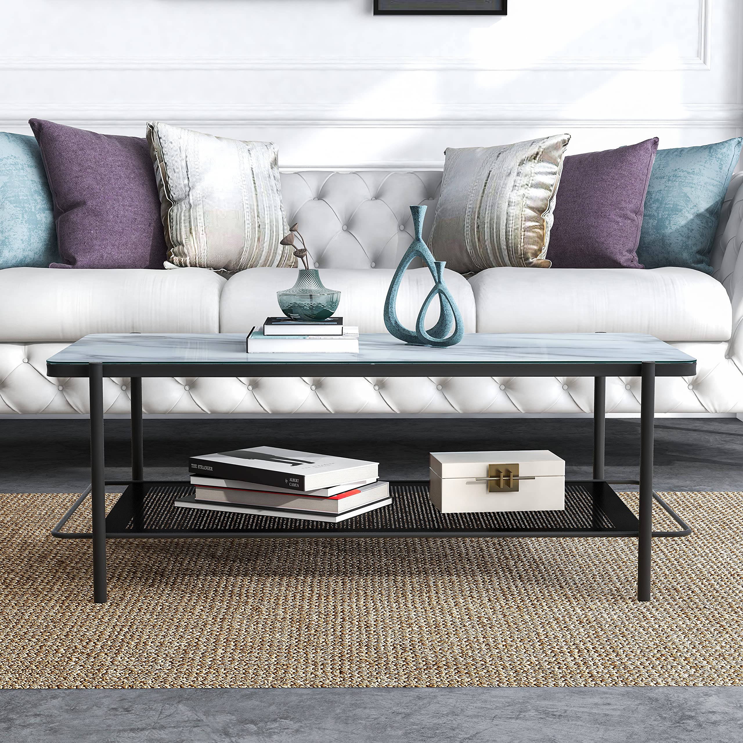 Furniture of America Basil Industrial 1-Shelf, Faux Marble Top Steel 48 in. Rectangle Coffee Table for Living, Bedroom, Reception Room, Black and White