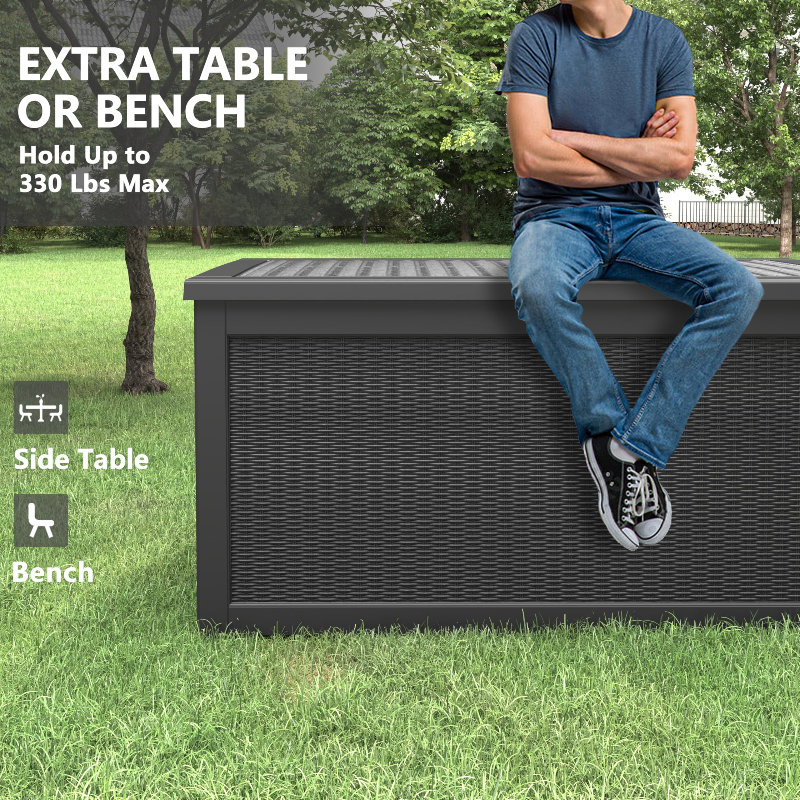 Bifanuo Outdoor Storage Box, 260 Gallon Deck Boxes Waterproof, Resin Storage Cabinet Multi Functional Storage Bench For Gardening Tools, Pool Supplies, Patio Furniture, Lockable
