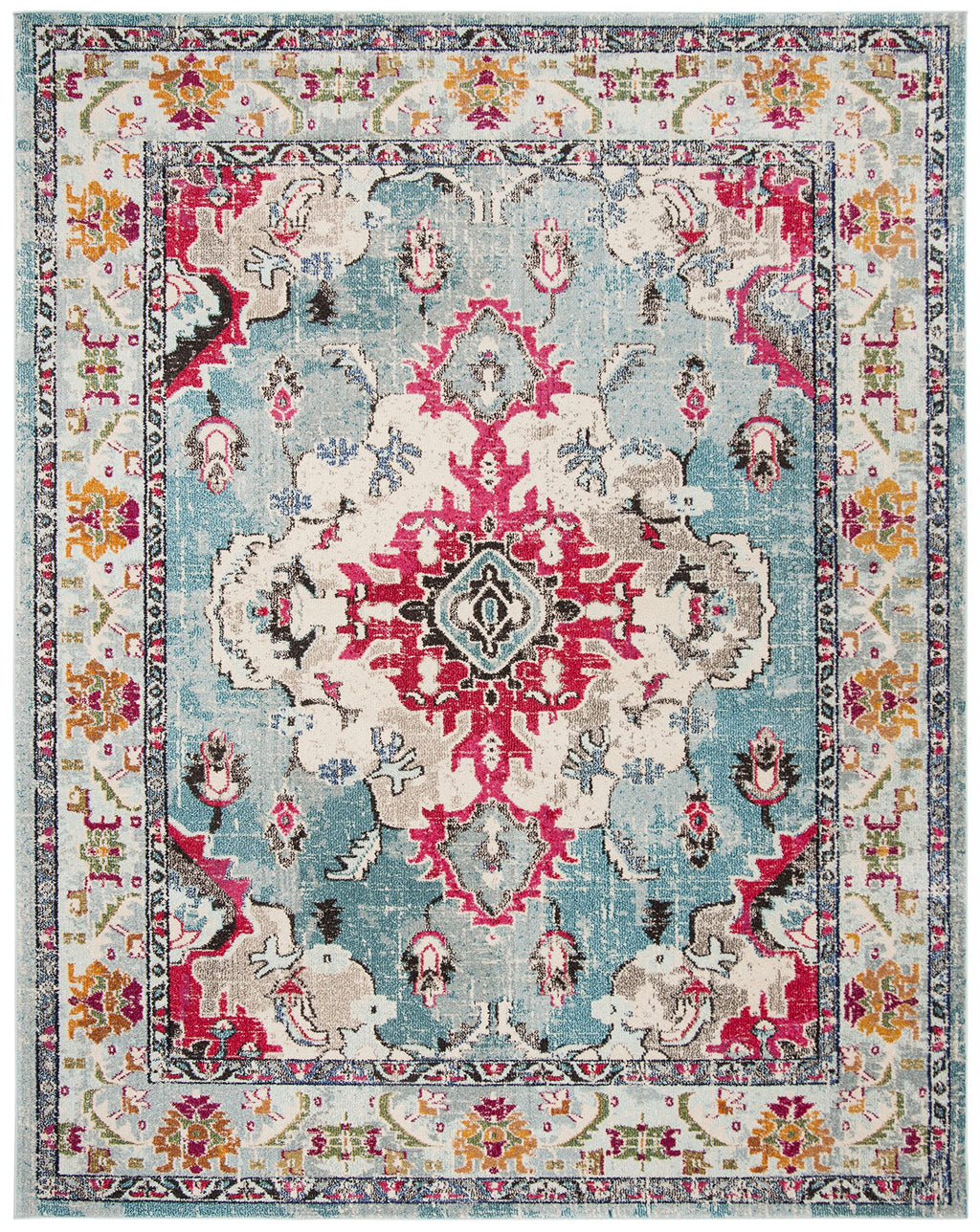 SAFAVIEH Monaco Collection Area Rug - 9' x 12', Light Blue & Fuchsia, Non-Shedding & Easy to Clean, Distressed Medallion Design, Ideal for Living Room, Bedroom, Dining Space (MNC243J)