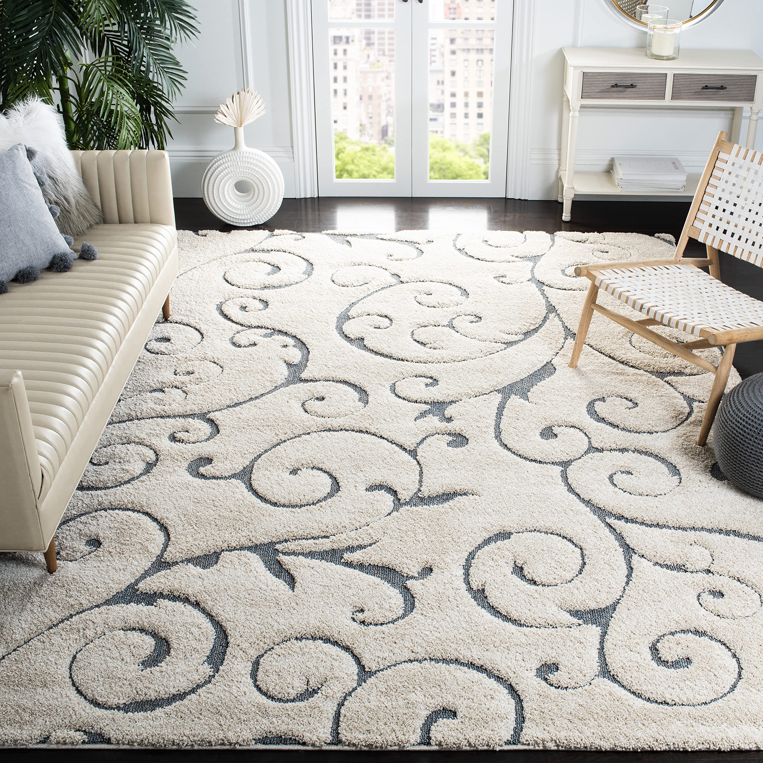 SAFAVIEH Area Rug 8x10 - Florida Shag Collection - Large - Beige & Blue Grey, Scroll Design, Non-Shedding & Easy to Clean, High-Low Plush Pile, Ideal for Living Room, Bedroom, Dining (SG455-1155)