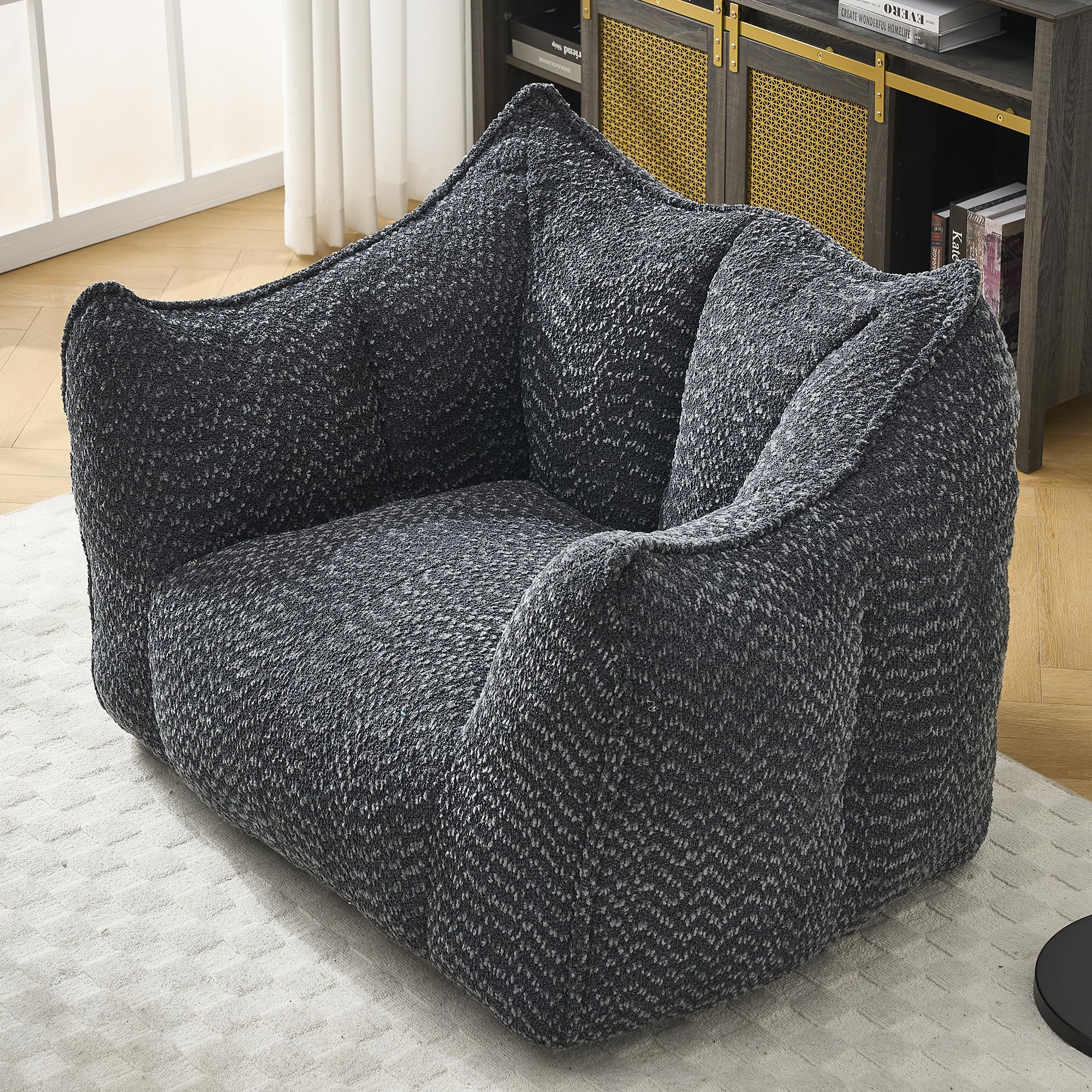 Large Chenille Bean Bag Chair for Adults - Oversized Square Lazy Sofa, Comfortable Gaming Reading TV Seat, 47.2" W x 36.2" D, Black, Living Room & Bedroom Essential