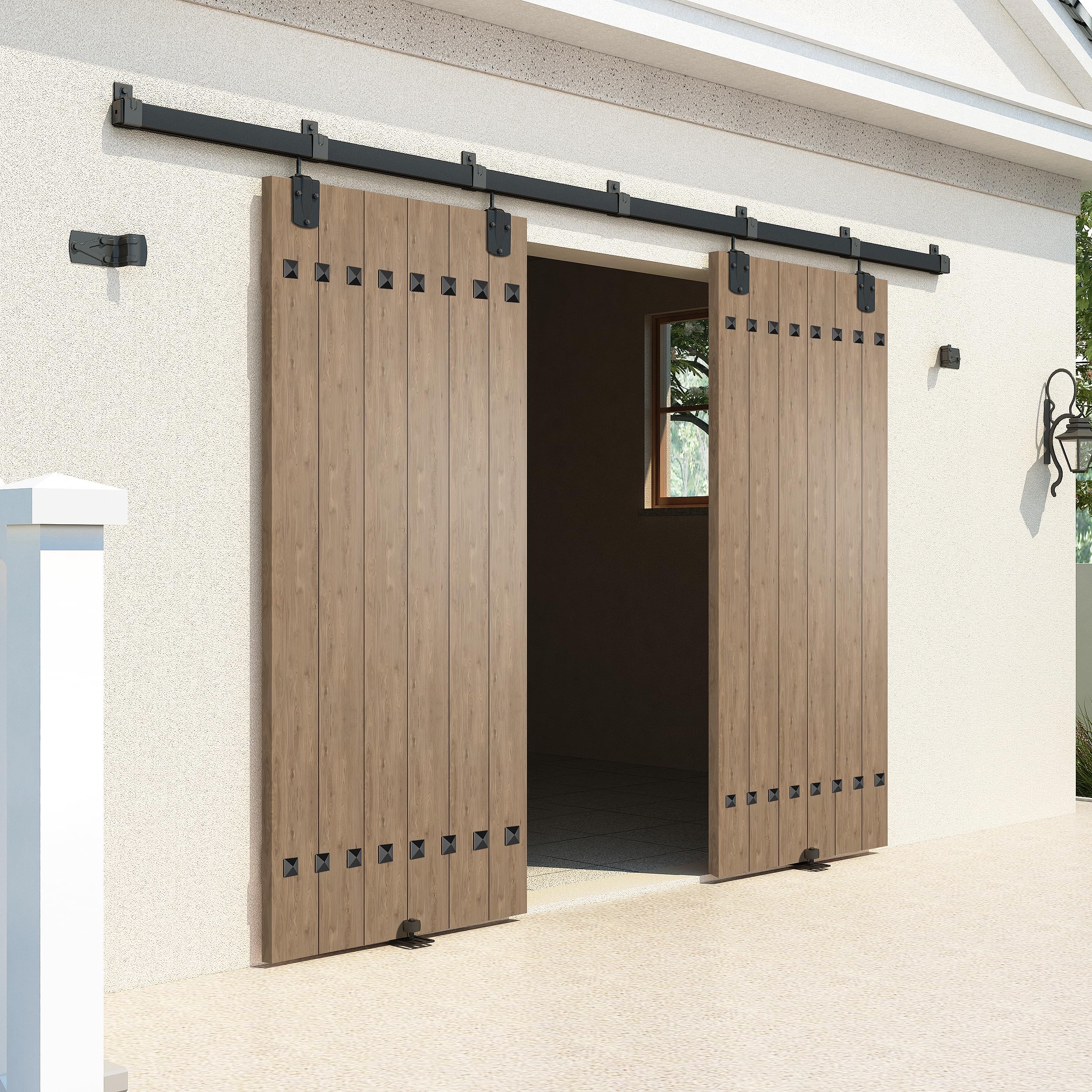 HARDJULAN 20FT Heavy Duty Box Rail Exterior Sliding Barn Door Hardware Kit, 450 lbs Capacity, Black Powder Coated Finish,Kit for Outdoor,Fit MAX 2 X Door Width 120in