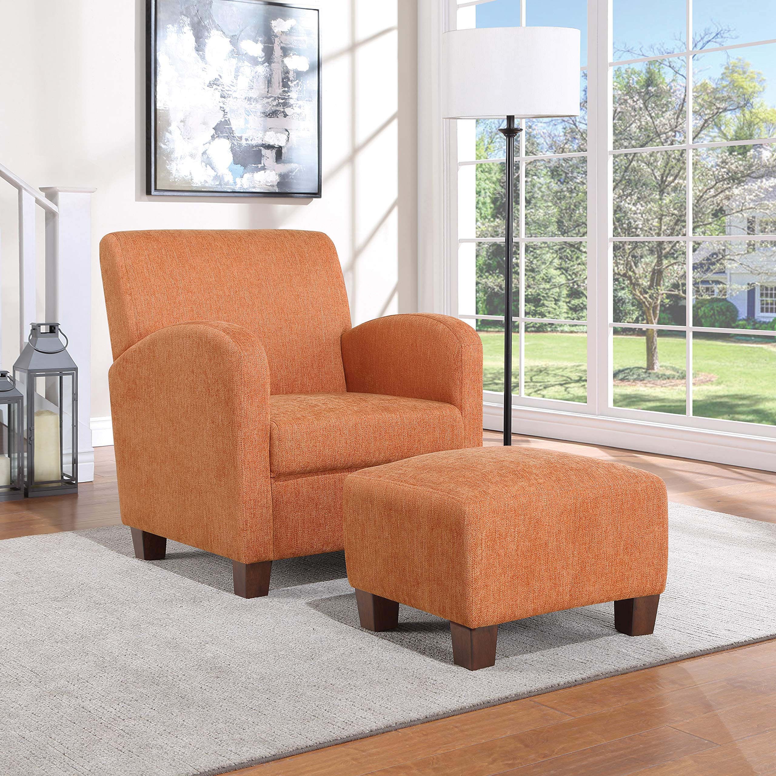 OSP Home Furnishings Aiden Club Accent Chair and Matching Ottoman with Medium Espresso Legs, Herringbone Orange Fabric